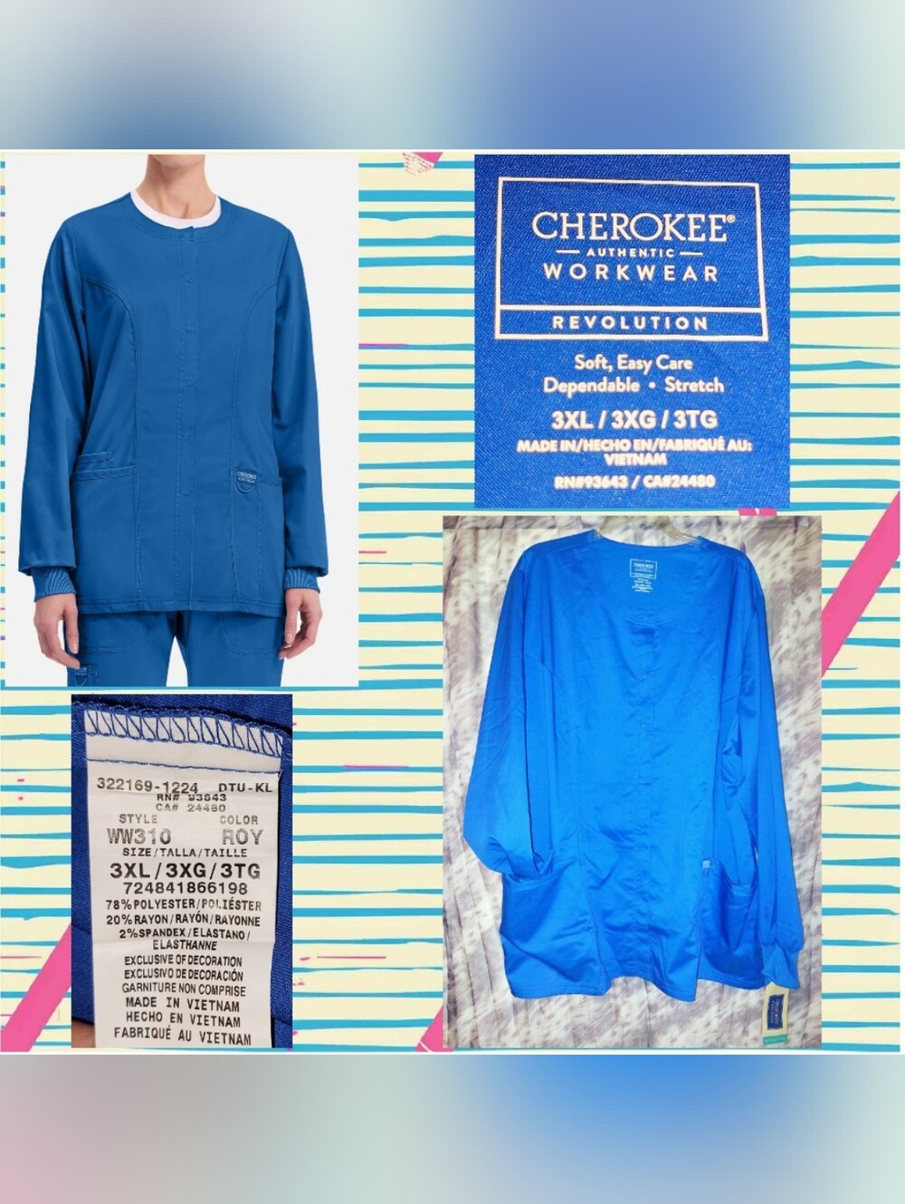 Cherokee Workwear Revolution Women's Royal Blue Snap Front Scrub Jacket Sz 3XL